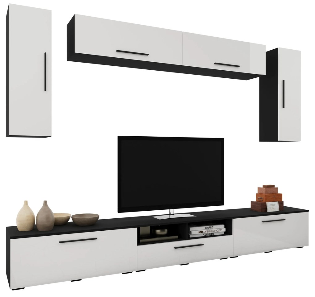 Living Kos V6, Negru/Alb Lucios, MDF, L 285 cm