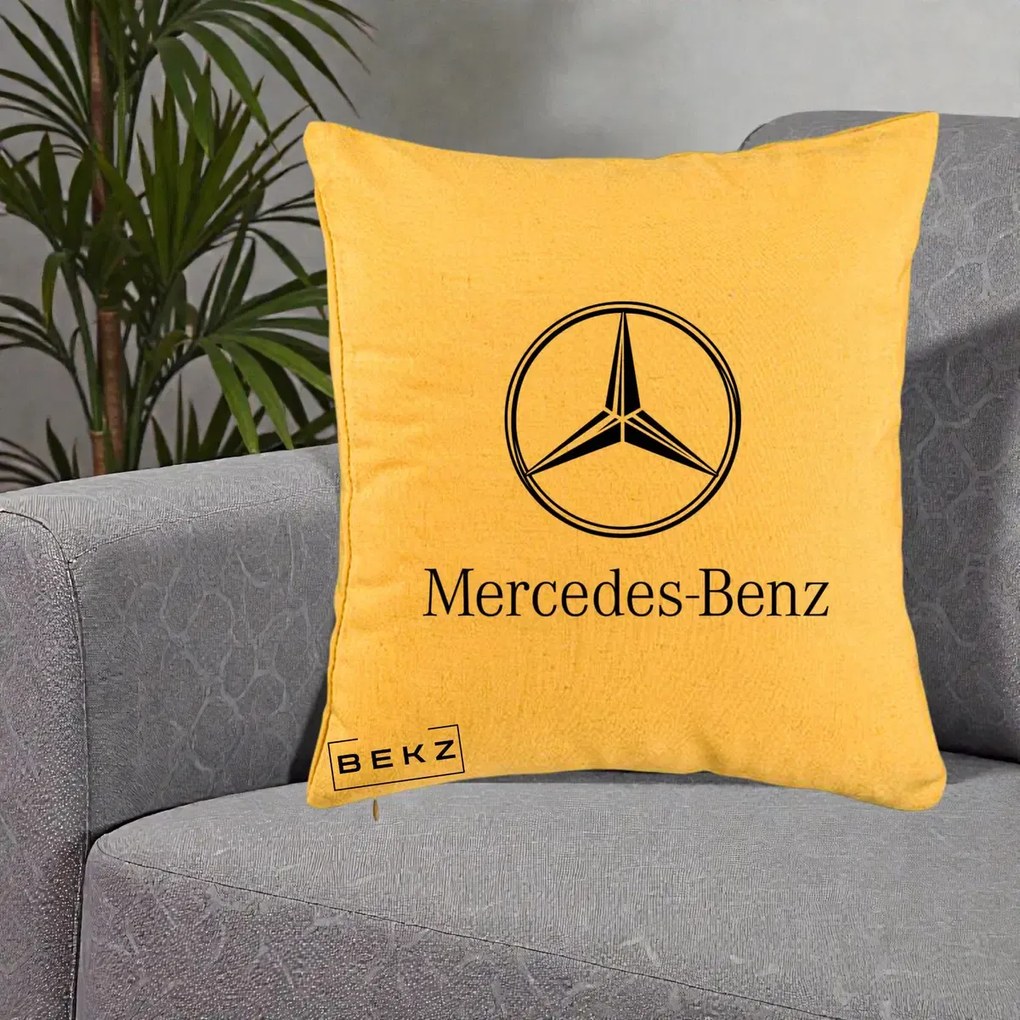 Perna Personalizata cu emblema Mercedes-Benz, 40x40 cm, Galben, Husa Detasabila, Perna Inclusa, BEKZ®
