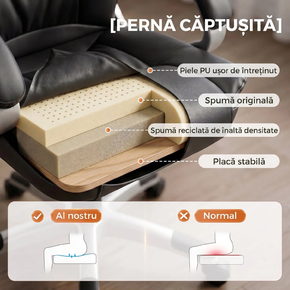 HOMCOM Scaun Birou Ergonomic Rotativ din Piele PU, Funcție Legănare, Înălțime Reglabilă, Capacitate 120kg, Negru | Aosom Romania