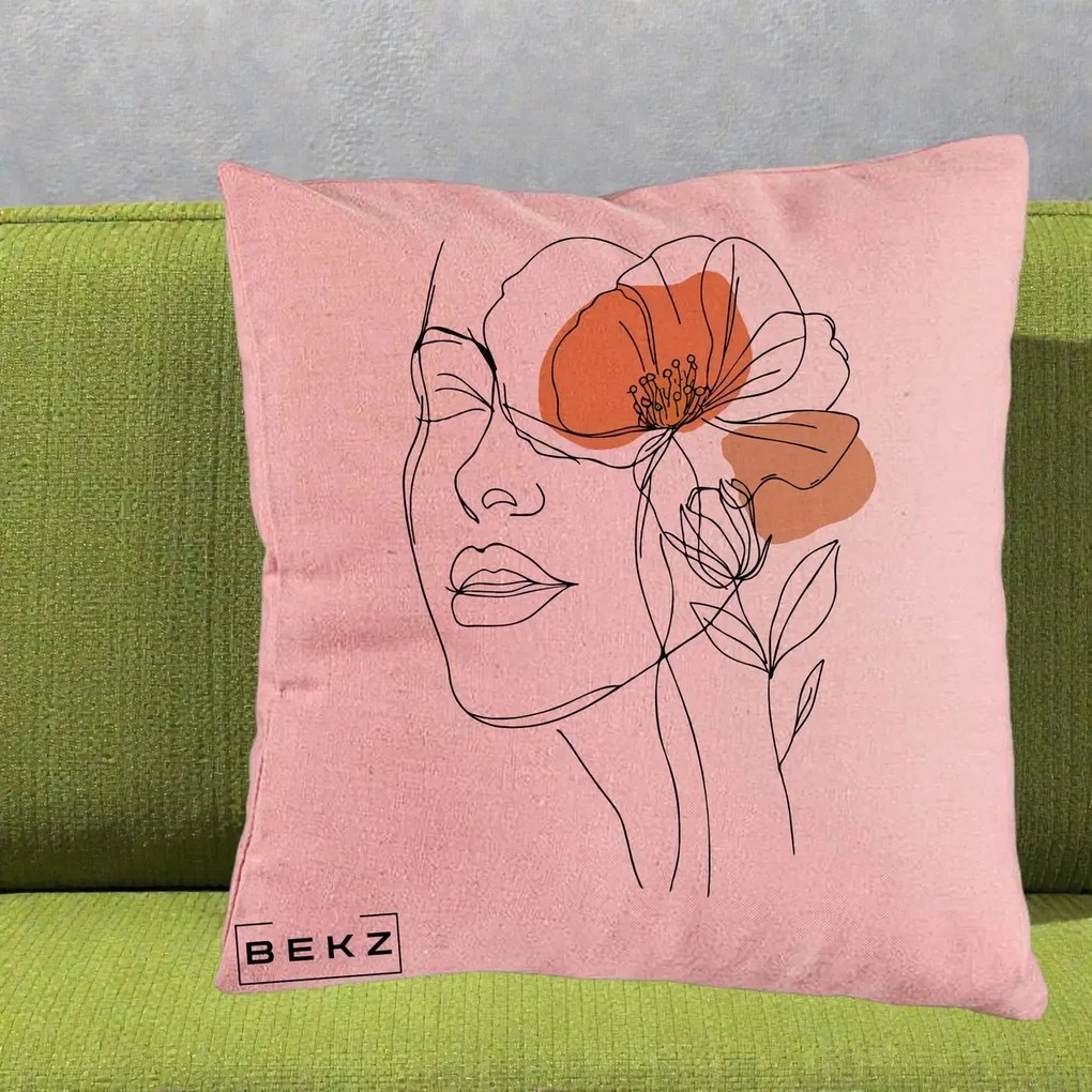 Perna Decorativa Portret Feminin Mac Profilat, 40x40 cm, Roz, Husa Detasabila, Perna Inclusa, BEKZ®