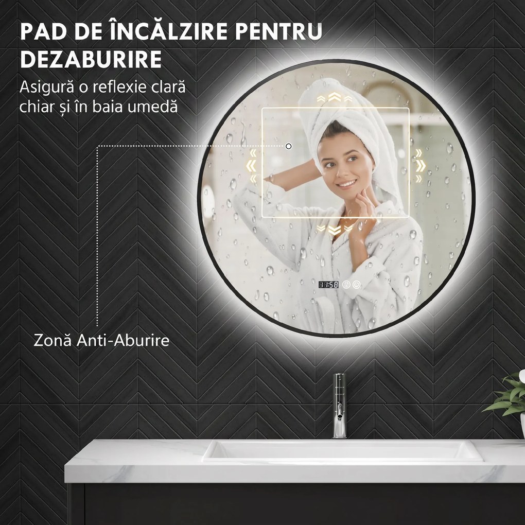 HOMCOM Oglindă de Baie Anti-Ceață cu Lumini LED Reglabile, Ø70x3 cm, Negru | Aosom Romania
