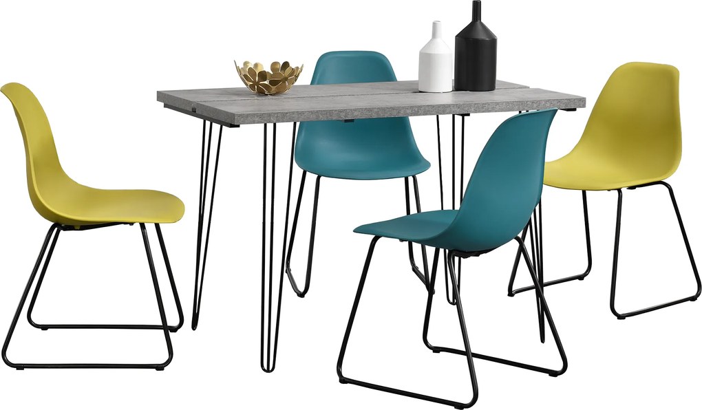 [en.casa]® Set Porto masa design bucatarie cu 4 scaune design, Model 3, MDF/otel/plastic,  83 x 46 x 52 cm, efect beton/turcoaz/mustar