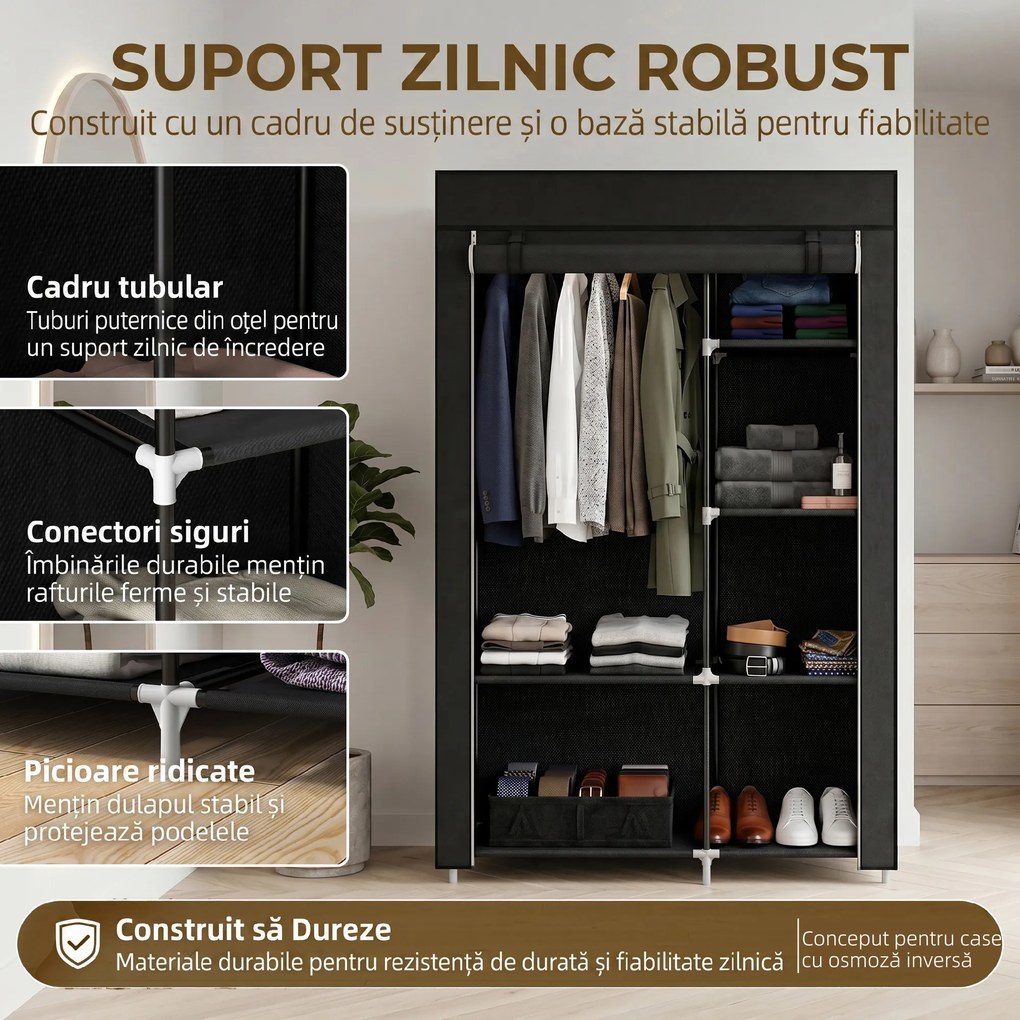 HOMCOM Dulap Portabil din Material, Dulap cu 6 Rafturi Deschise, 1 Bară și Ușă cu Fermoar, 103x43x162,5 cm, Negru | Aosom Romania