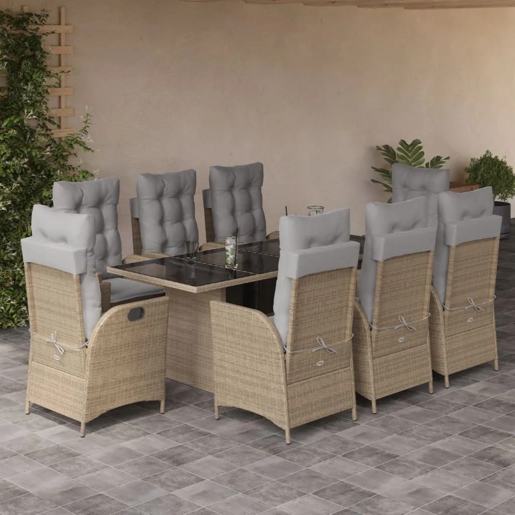vidaXL Set de masă pentru grădină, 9 piese, cu perne, bej, poliratan