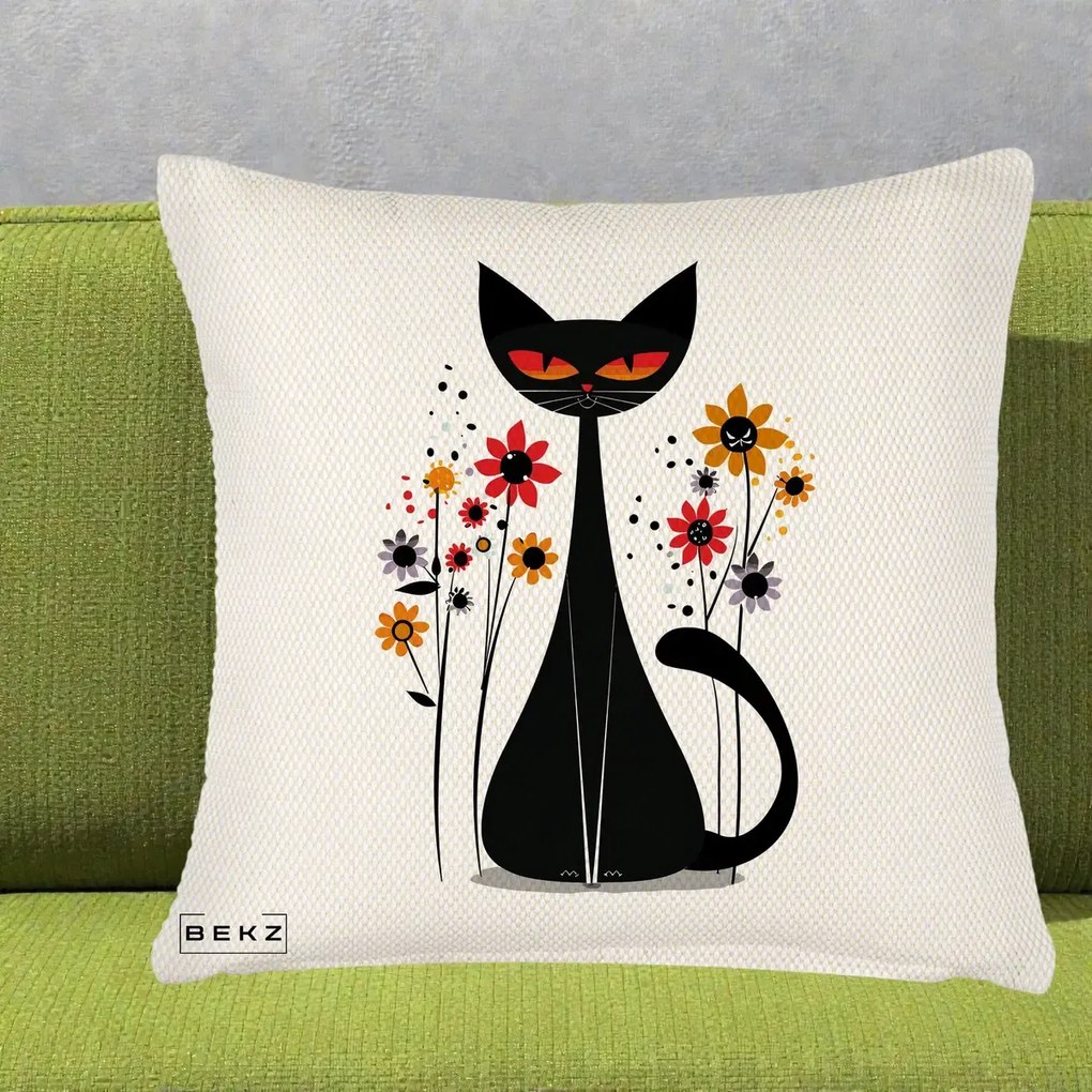 Perna Decorativa Pisica Neagra Ochi Rosii Flori, 40x40 cm, Crem Reliefat, Husa Detasabila, Perna Inclusa, BEKZ®