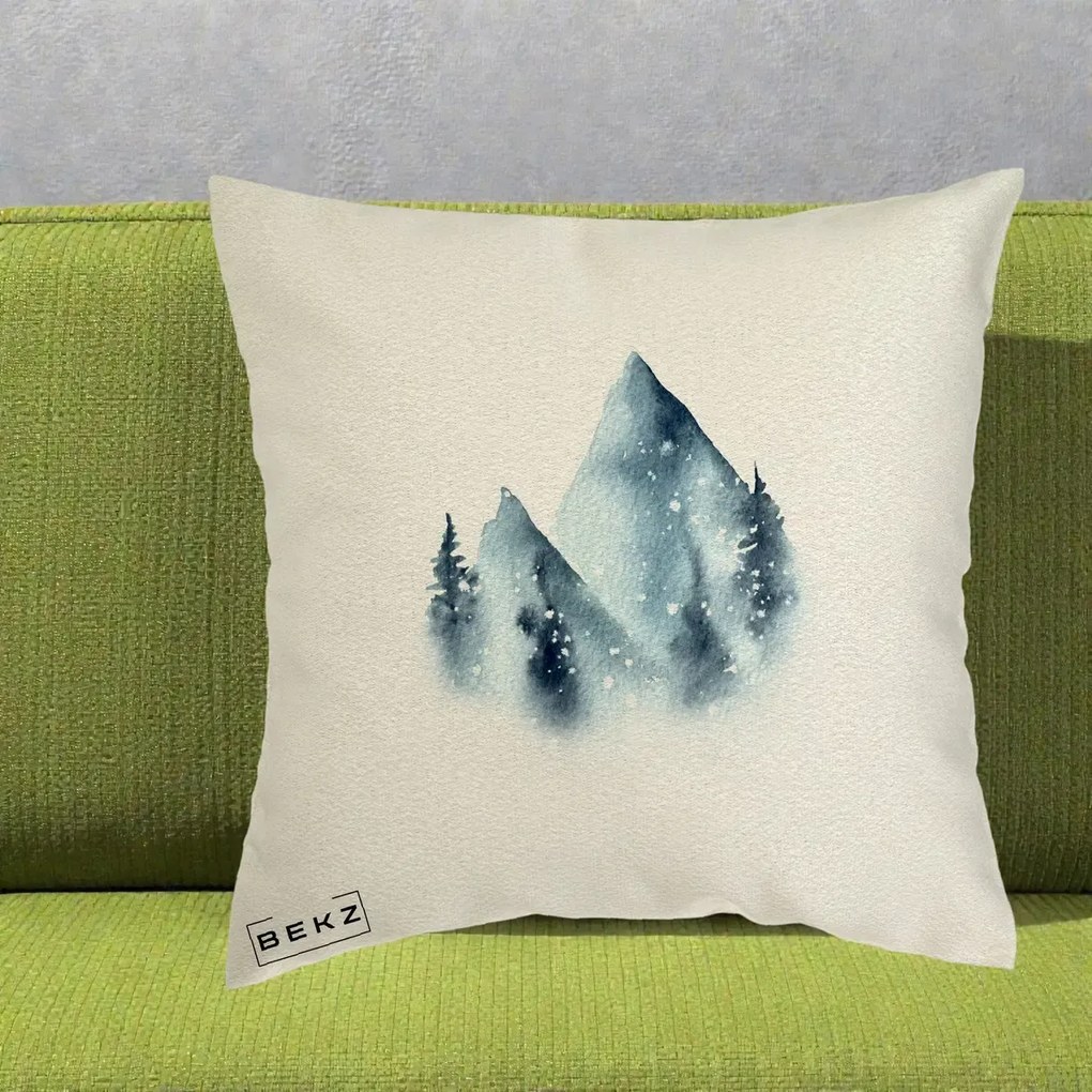 Perna Decorativa Munti Inzapeziti Acuarela Indigo, 40x40 cm, Ecru, Husa Detasabila, Perna Inclusa, BEKZ®