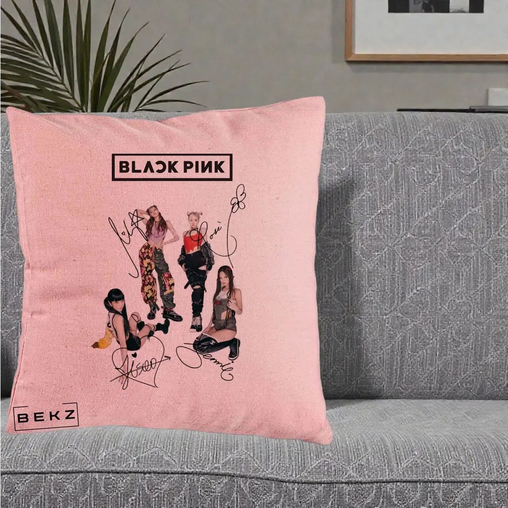 Perna Personalizata K-pop BLACKPINK Fotografie Grup Autografe Toate Membre, 40x40 cm, Roz, Husa Detasabila, Perna Inclusa, BEKZ®