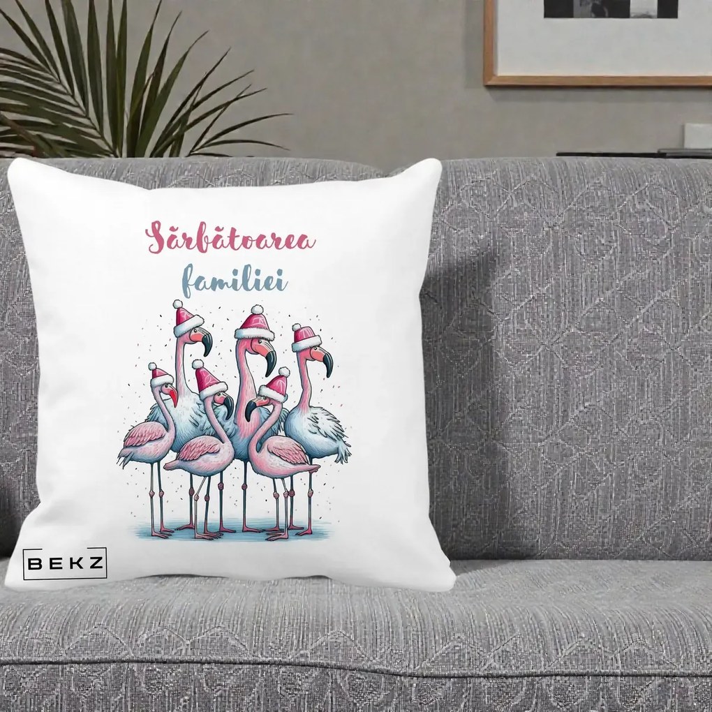 Perna Decorativa Flamingo Craciun Sarbatoarea Familiei, 40x40 cm, Alba Mata, Husa Detasabila, Perna Inclusa, BEKZ®