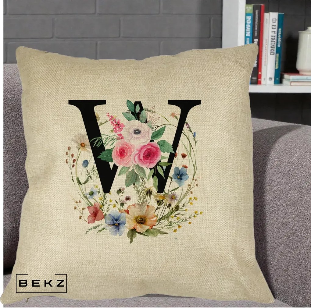 Cadou Personalizat - Perna Personalizata Monograma Florala Litera W, 40x40 cm, Crem, Husa Detasabila, Perna Inclusa, BEKZ®