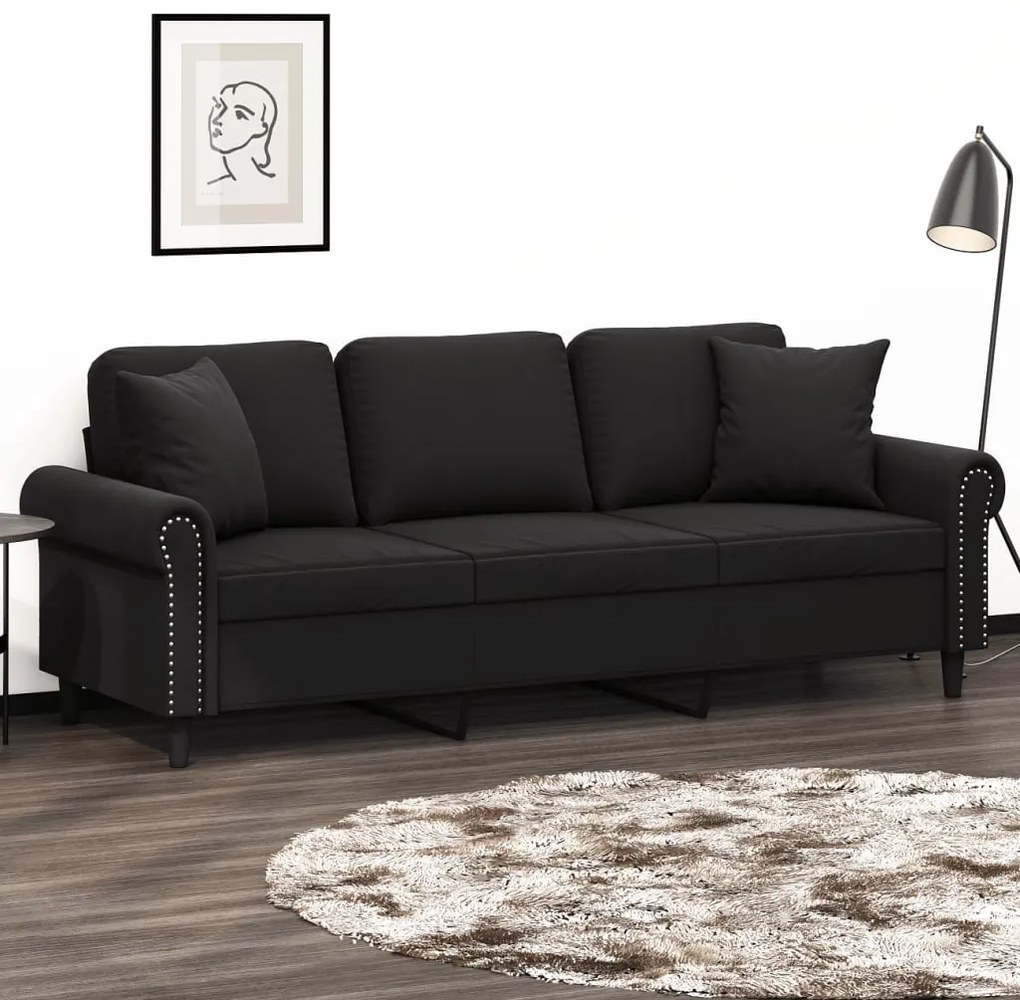 vidaXL Canapea cu 3 locuri cu pernuțe, negru, 180 cm, catifea