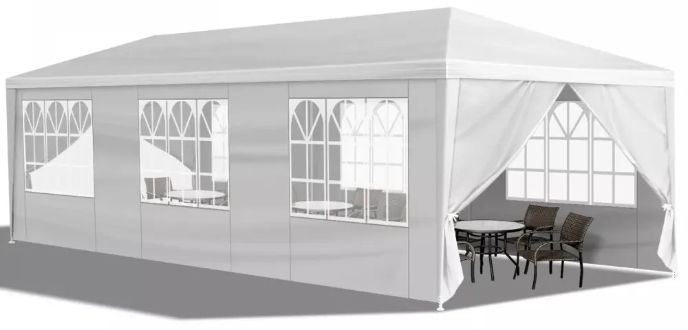 RESIGILAT- Cort evenimente, cu pereti detasabili, 6 ferestre, 2 usi, cadru metalic, 3x9 m, PE, Alb,