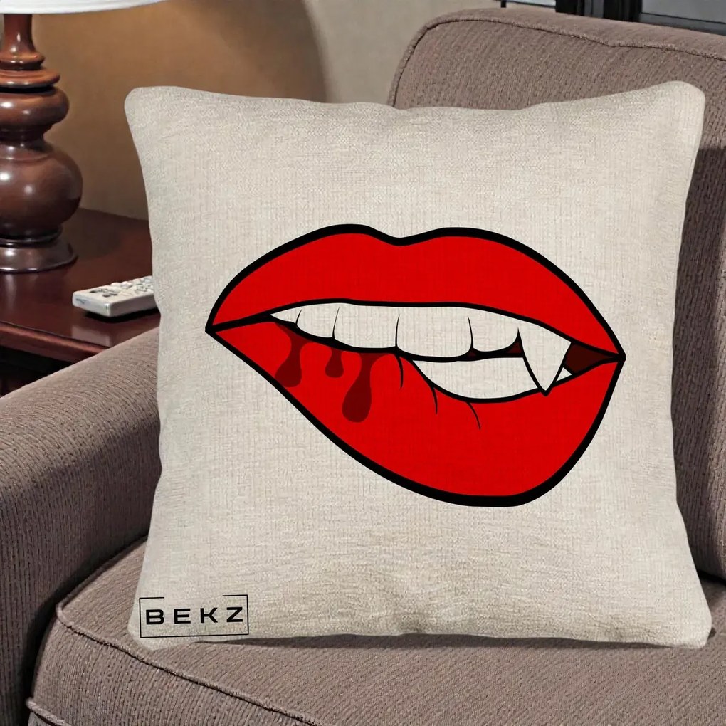 Perna Decorativa Vampire Lips Halloween, 40x40 cm, Bej Canapea, Husa Detasabila, Perna Inclusa, BEKZ®