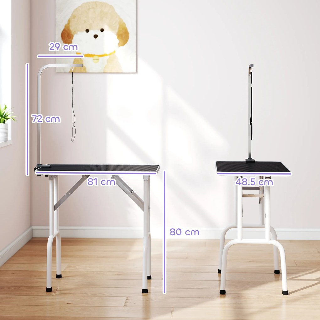 PawHut Masă de îngrijire pentru câini, pliabilă, cu lesă, picioare din oțel, blat antiderapant, 81x48,5x80 cm, Negru | Aosom Romania