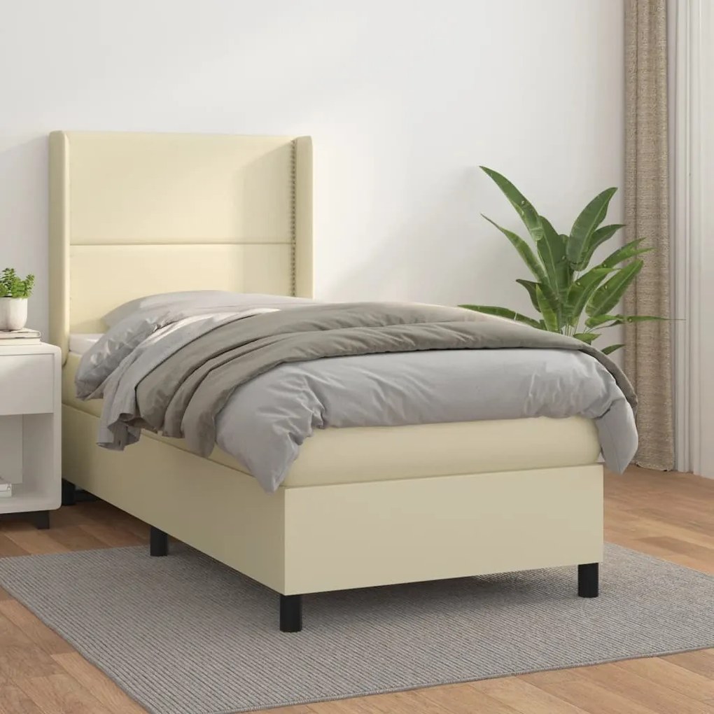 3132419 vidaXL Pat box spring cu saltea, crem, 90x200 cm, piele ecologică