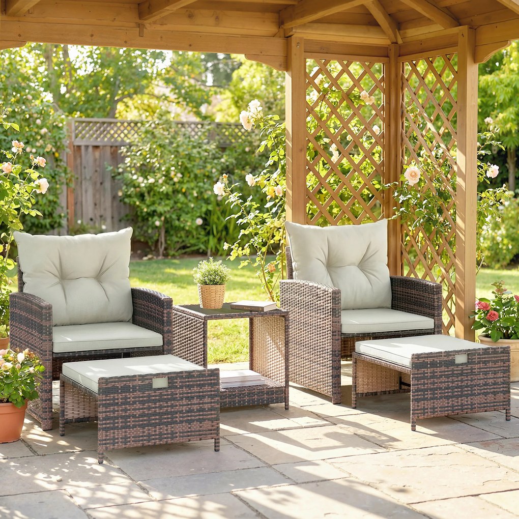 Outsunny Set de Mobilier de Grădină din Rattan 5 Piese, Set de Mobilier Exterior cu 2 Suporturi pentru Picioare, 2 Fotolii, Masă de Cafea cu 2 Niveluri, Perne, pentru Balcon, Terasă, Patio, Maro/Crem | Aosom Romania