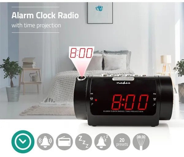 Ceas deșteptător radio cu afișaj LED și proiector 230V Nedis CLAR005BK