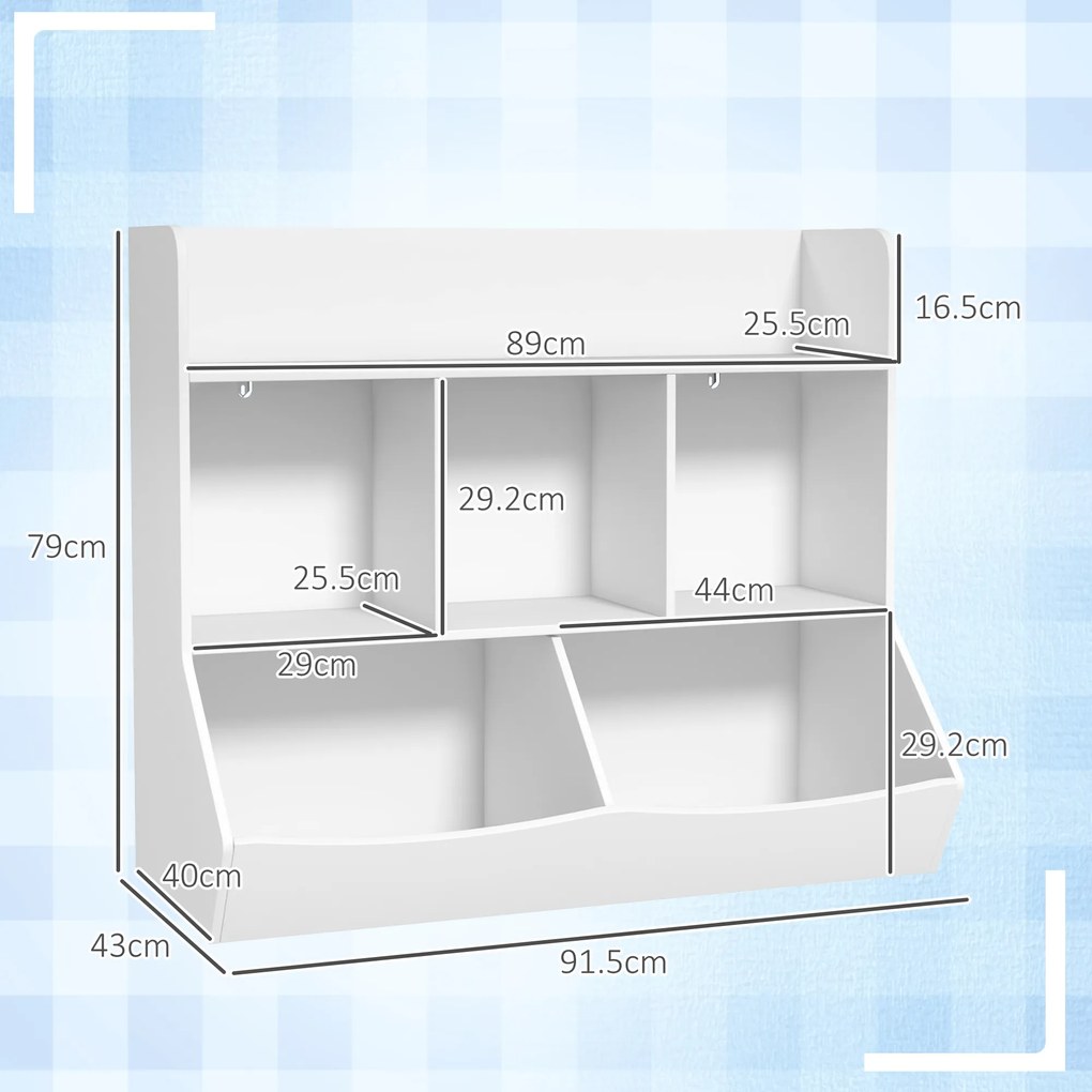 Qaba Kids Rraft pentru Jucării cu 3 Niveluri, 5 Compartimente de Depozitare și Dispozitiv Anti-Răsturnare, 91.5Lx43x79 cm, Alb | Aosom Romania