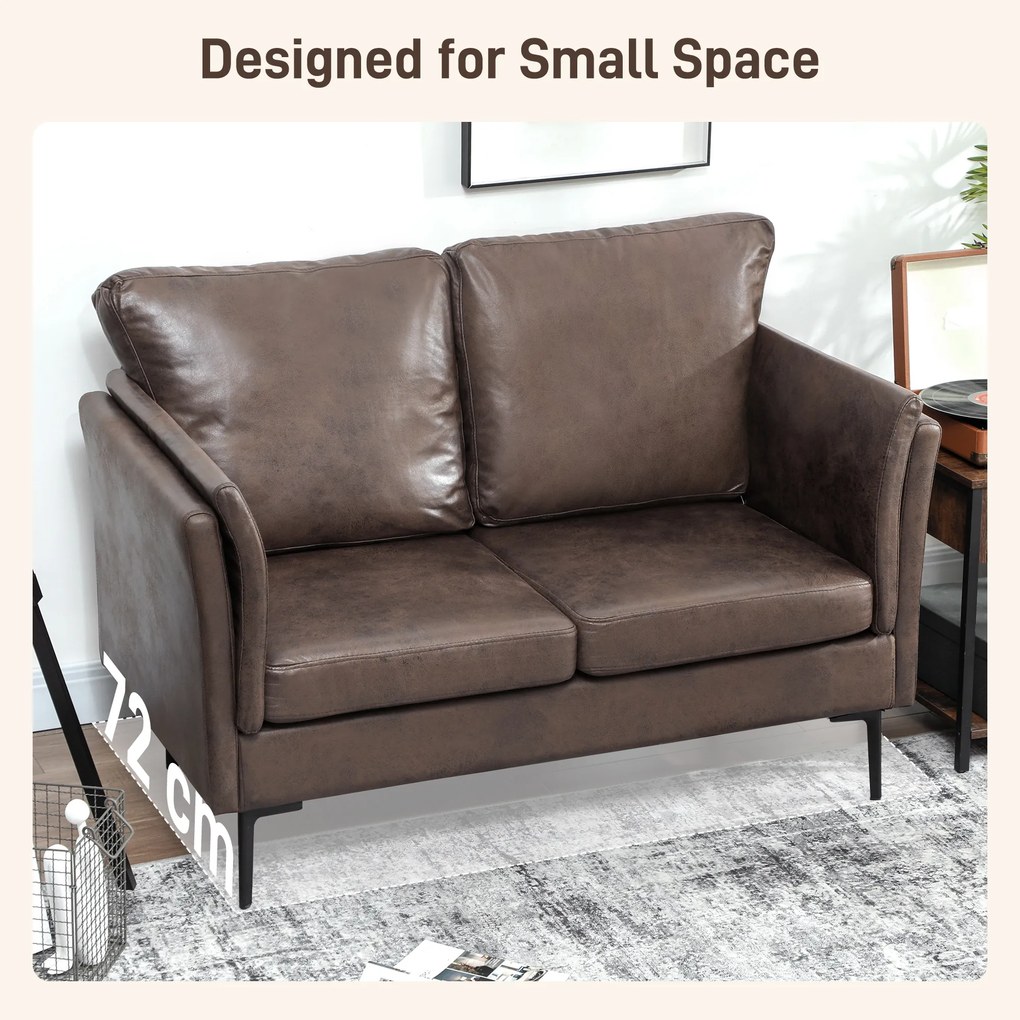 HOMCOM Canapea cu 2 Locuri Îmbunătățită în Țesătură cu Efect de Piele Respirabilă cu Brațe Înalte Curbe și Perne, Canapea Compactă Modernă pentru Sufragerie, Sală de Ședere și Studiu, 137x72x88 cm, Maro Închis | Aosom Romania