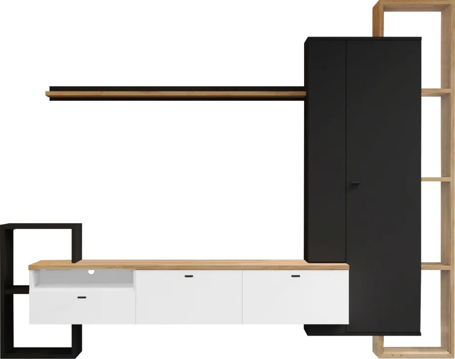 Mobilier de perete living, negru/alb/stejar craft auriu, DENISO