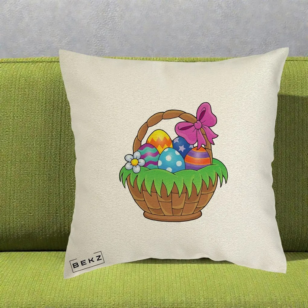 Perna Decorativa Cos cu Oua de Pasti Colorat, 40x40 cm, Ecru, Husa Detasabila, Perna Inclusa, BEKZ®