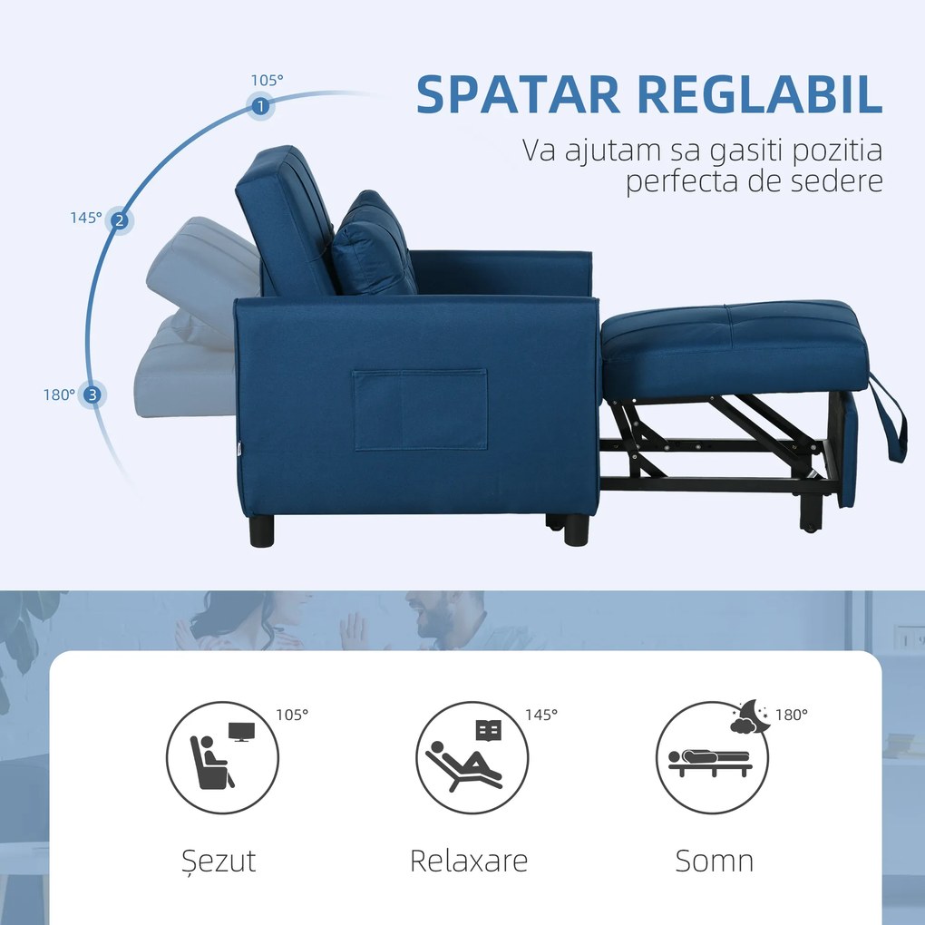 HOMCOM Fotoliu Pat Individual cu Spătar Reglabil pe 3 Nivele, 2 Roți și Pernă din Țesătură, 69x82x85 cm, Albastru | Aosom Romania