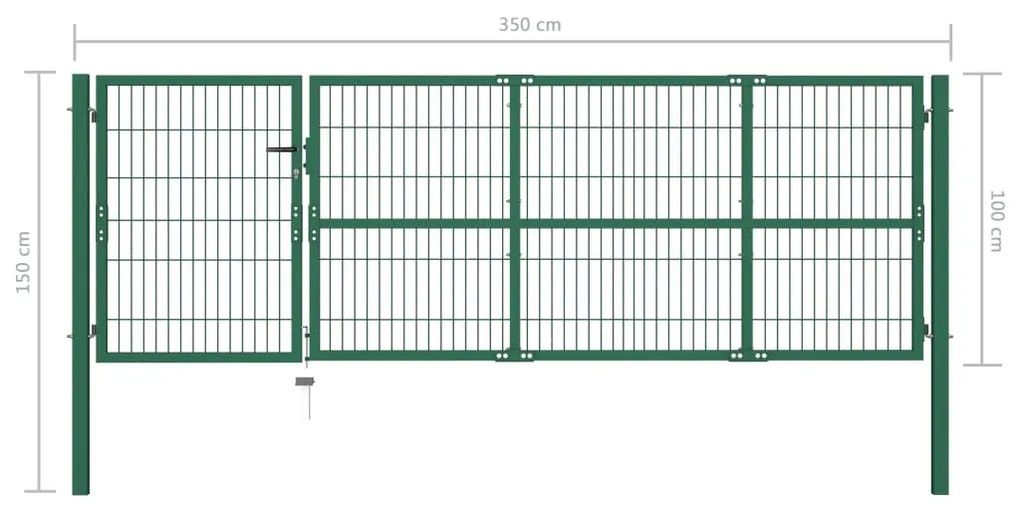 Poarta gard de gradina cu stalpi, verde, 350 x 100 cm, otel Verde, 100 cm
