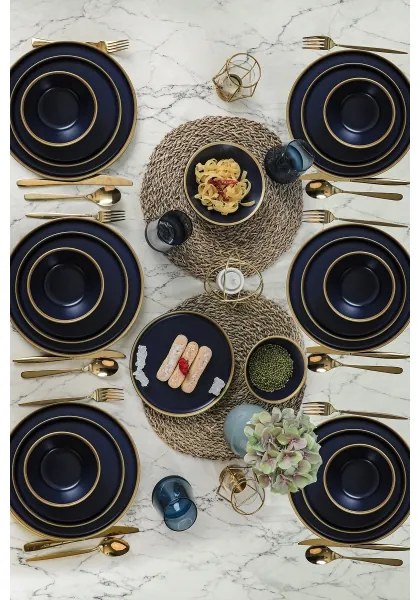 Set de veselă, 24 de piese, albastru/auriu/ceramică