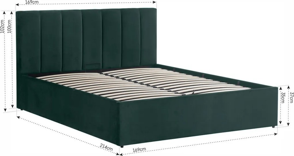 Pat tapitat Frisco, 160x200 cm, somiera rabatabila, spatiu depozitare, verde inchis