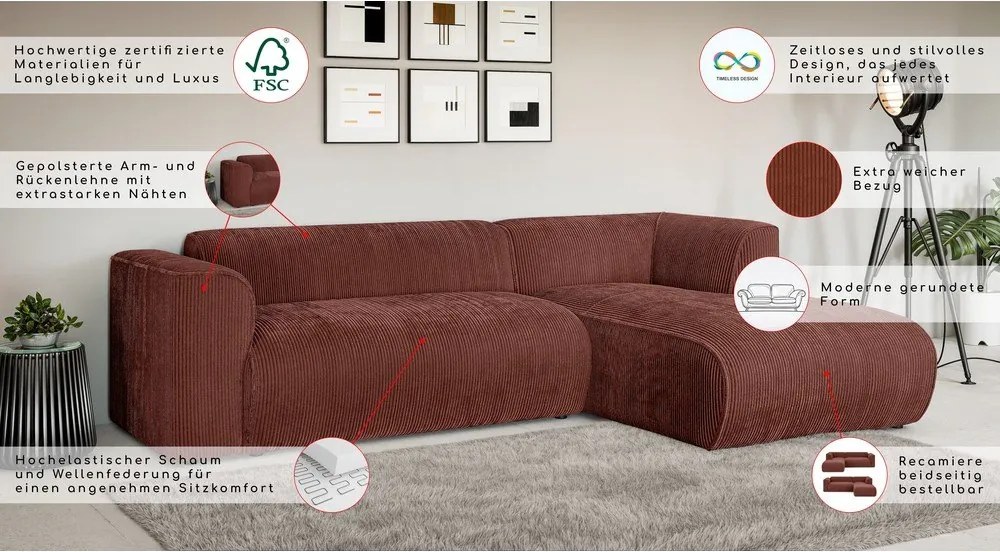 Colțar teracotă cu tapițerie din catifea reiată (cu colț pe partea dreaptă/cu șezlong) Merid – Ropez