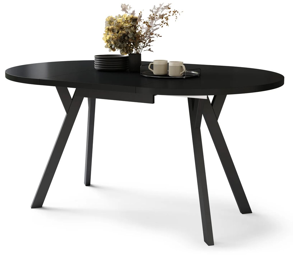 Mazzoni ALMO Negru/picioare negre - MASĂ ROTUNDĂ EXTENSIBILĂ CU PICIOARE ÎN FORMĂ DE Y STIL LOFT PENTRU SALON/SUFRAGERIE