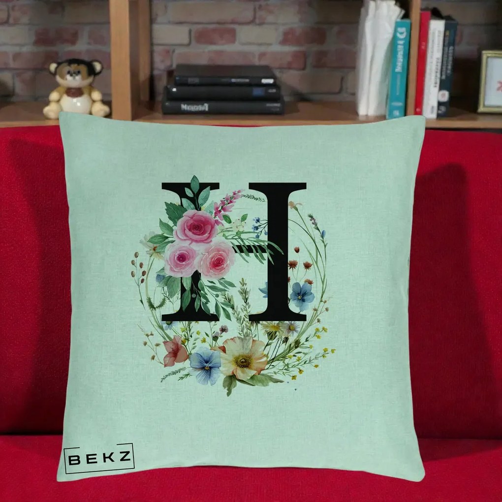 Cadou Personalizat - Perna Personalizata Monogram Litera H cu Flori Acuarela, 40x40 cm, Verde Menta, Husa Detasabila, Perna Inclusa, BEKZ®