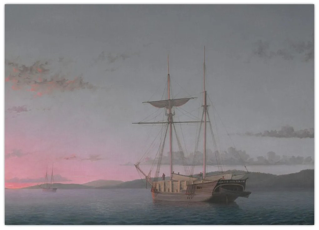 Tablou pe sticlă - Fitz Henry Lane, Lumber Schooners at Evening on Penobscot Bay, reproducere (70x50 cm)
