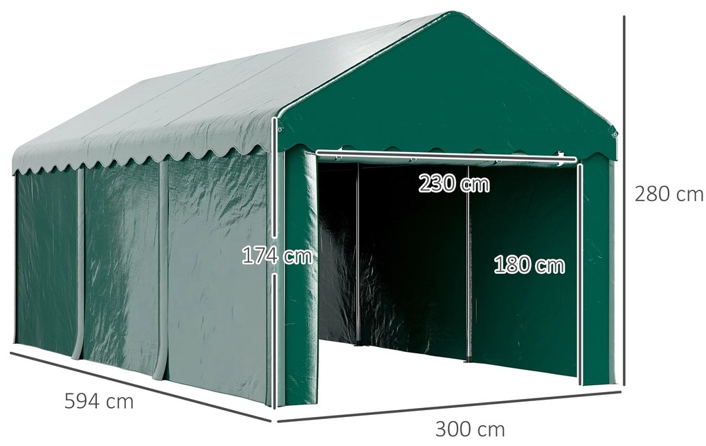 Outsunny Carport tente garage 3 x 6m Acoperiș mașină robust cu 2 uși înfășurate, țesătură 200g PE, verde | Aosom Romania