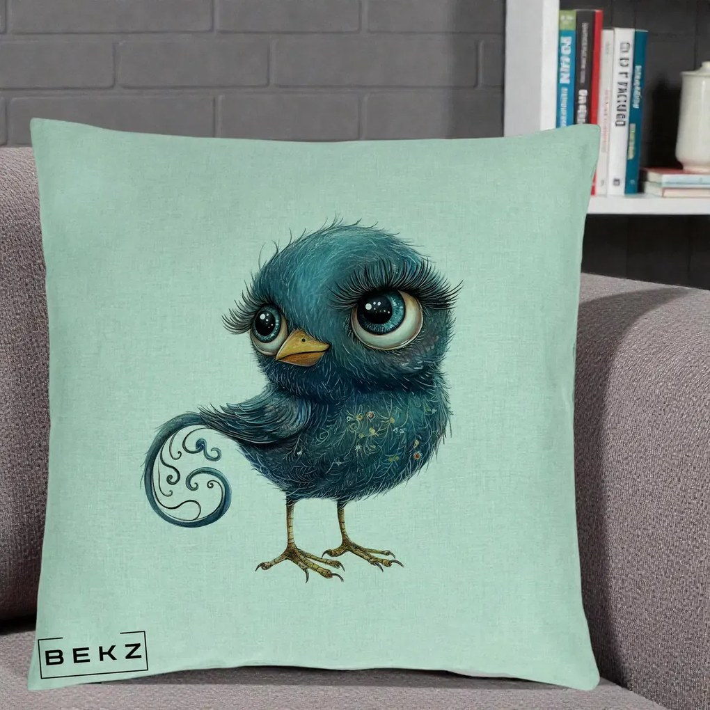 Perna Decorativa Pasare Teal cu Motive Aurii si Coada Spiralata, 40x40 cm, Verde Menta, Husa Detasabila, Perna Inclusa, BEKZ®