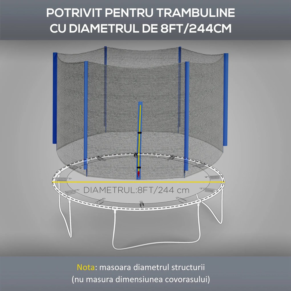 SPORTNOW Plasă Înlocuire Trambulină Rotundă 244cm, 6 Stâlpi Verticali, Tarc Rezervă Rezistent, Negru-Albastru | Aosom Romania