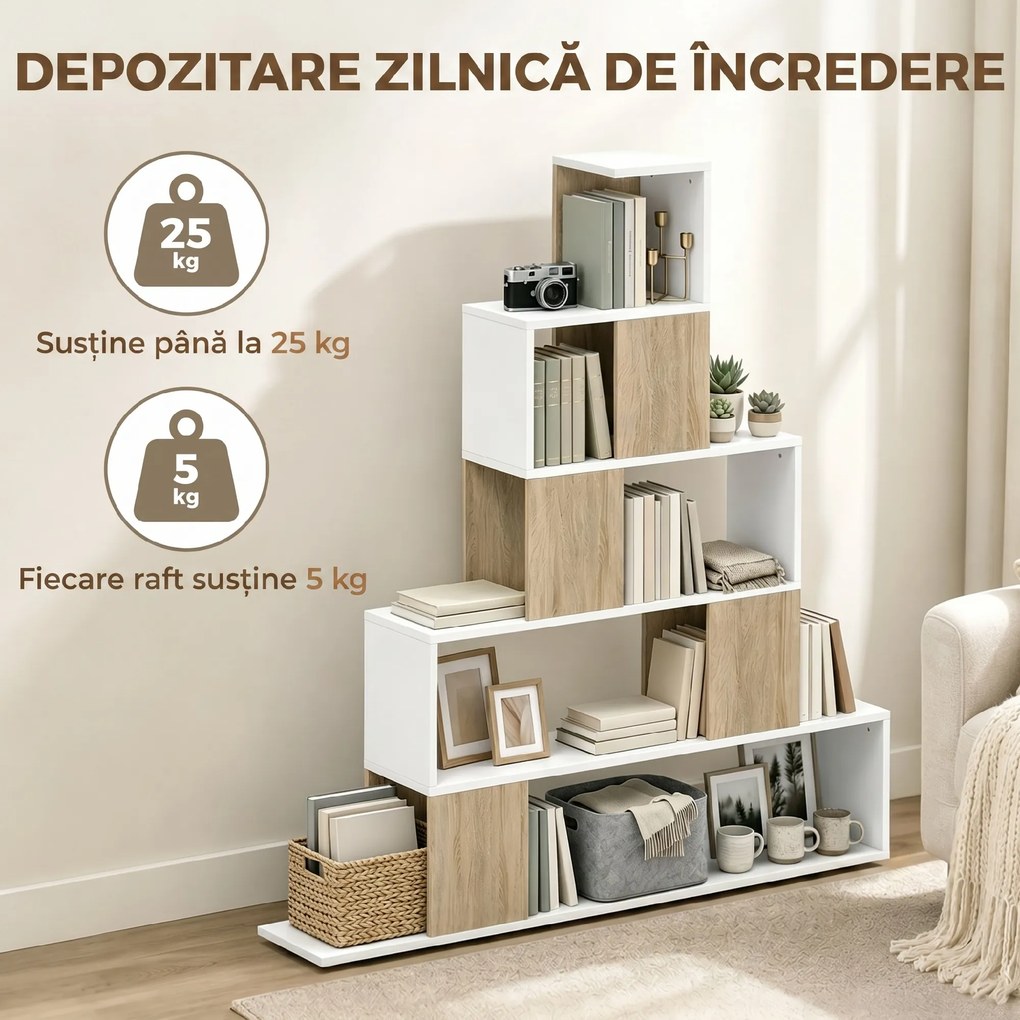 HOMCOM Bibliotecă cu 5 Rafturi Tip Trepte, Alb și Lemn Natural | Aosom Romania