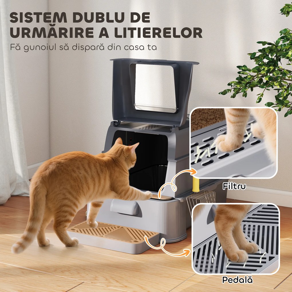 PawHut Litieră Închisă de 80L pentru Pisici cu Tavă Detașabilă, în ABS și Oțel Inoxidabil, 63x43x43 cm, Gri Închis | Aosom Romania