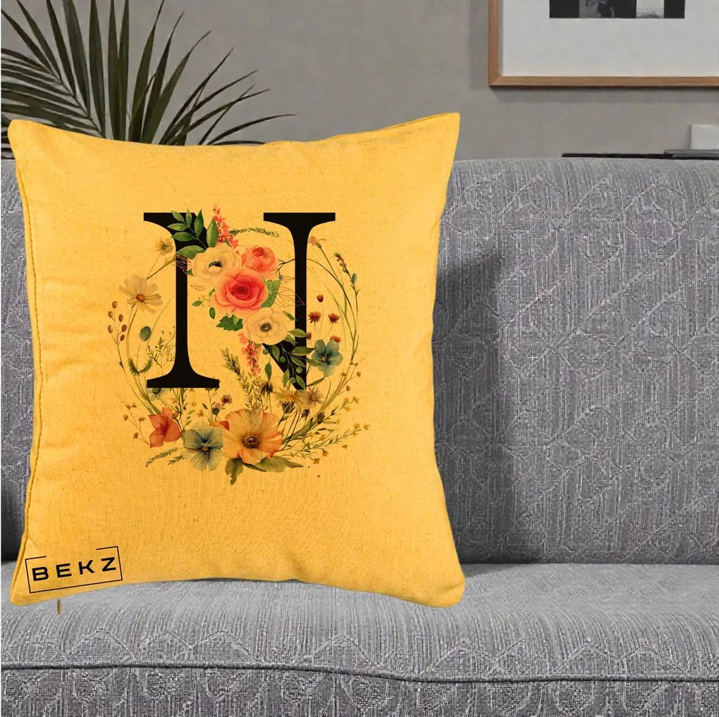 Cadou Personalizat - Perna Personalizata Monogram Litera N cu Flori Acuarela, 40x40 cm, Galben, Husa Detasabila, Perna Inclusa, BEKZ®