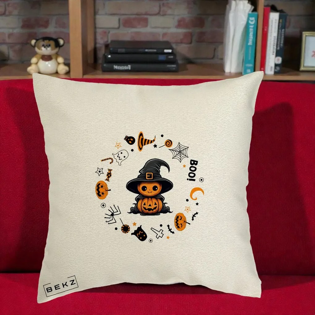 Perna Decorativa Halloween Dovleac Vrajitor Boo cu Simboluri, 40x40 cm, Ecru, Husa Detasabila, Perna Inclusa, BEKZ®