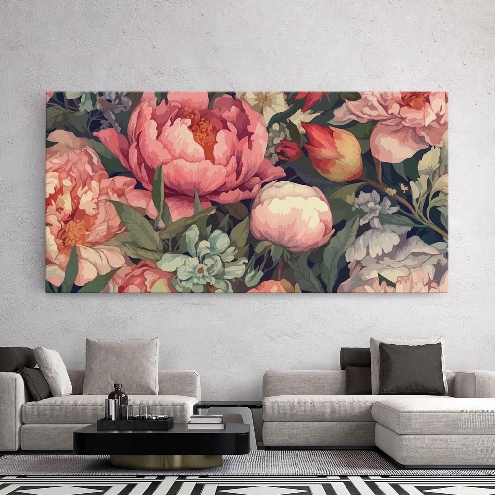 Tablou Canvas, 50x100cm, Dormitor si Living, Flori, Bujori, Pretty Artistic Peony