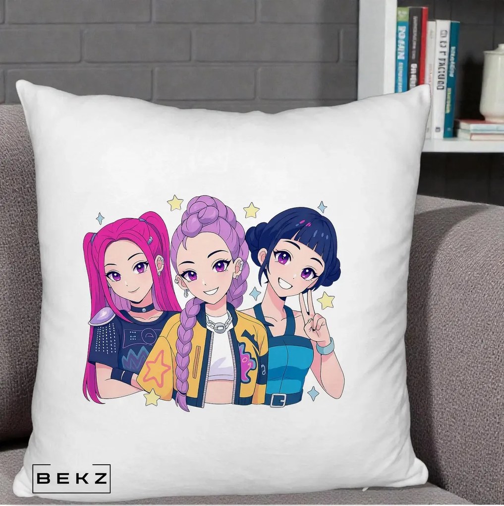 Perna Personalizata K-pop HUNTRX Trio Anime Stele, 40x40 cm, Alb Pufos, Husa Detasabila, Perna Inclusa, BEKZ®