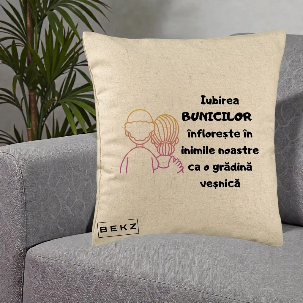 Cadou pentru Bunici - Perna Personalizata Iubirea Bunicilor Infloreste Cuplu Line Art Gradient, 40x40 cm, Bej, Husa Detasabila, Perna Inclusa, BEKZ®
