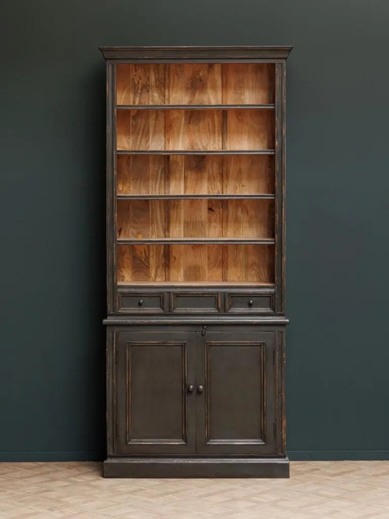 Biblioteca din lemn de mango, cu 6 rafturi, un sertar si 2 usi, cu aspect vintage, Valmore