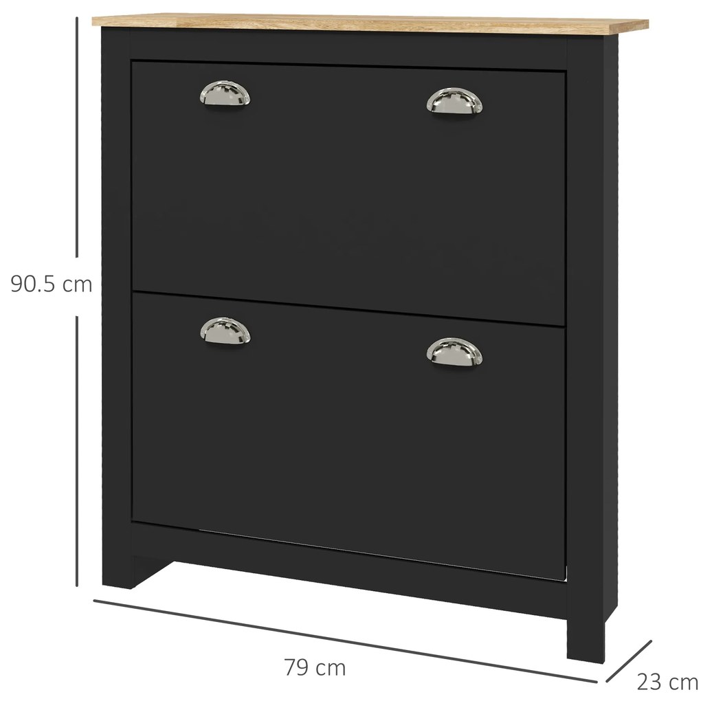 HOMCOM Dulap pantofi 2 uși rabatabile 2 compartimente mânere cochilie metal 79 x 23 x 90,5 cm negru stejar | Aosom Romania