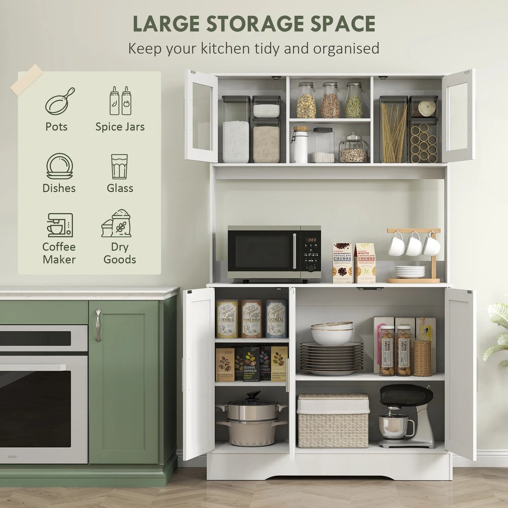 HOMCOM Dulap Bucătărie de 180cm, Dulap Înalt cu 4 Compartimente, Uși din Sticlă Securizată, 2 Rafturi Deschise, Rafturi Reglabile, Blat pentru Electrocasnice, pentru Bucătărie sau Living, Alb | Aosom Romania