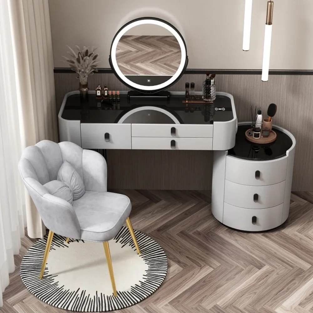Set Lucia, Masă de toaletă pentru machiaj cu oglindă iluminată LED, control touch, 6 sertare, comoda, scaun, Gri