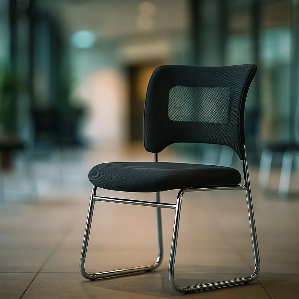 Scaun vizitator negru HRC 613F din mesh si cadrul cromat
