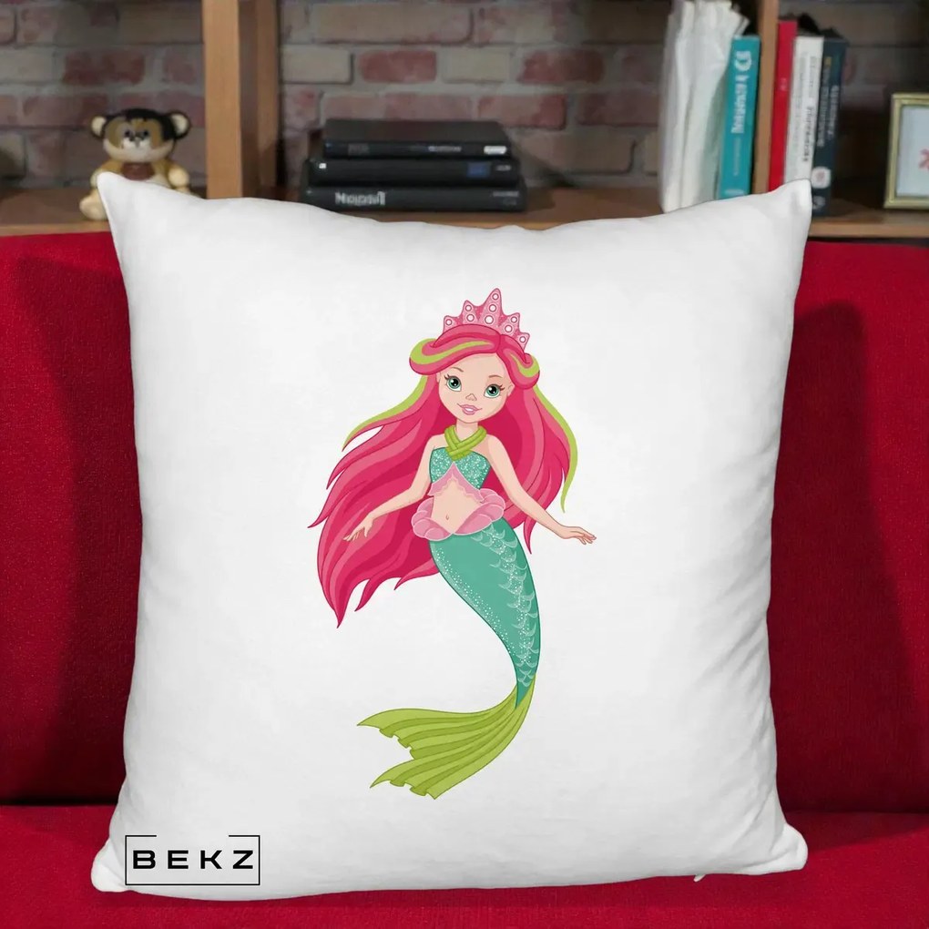 Perna Decorativa Sirena Roz cu Coroana, 40x40 cm, Alb Pufos, Husa Detasabila, Perna Inclusa, BEKZ®