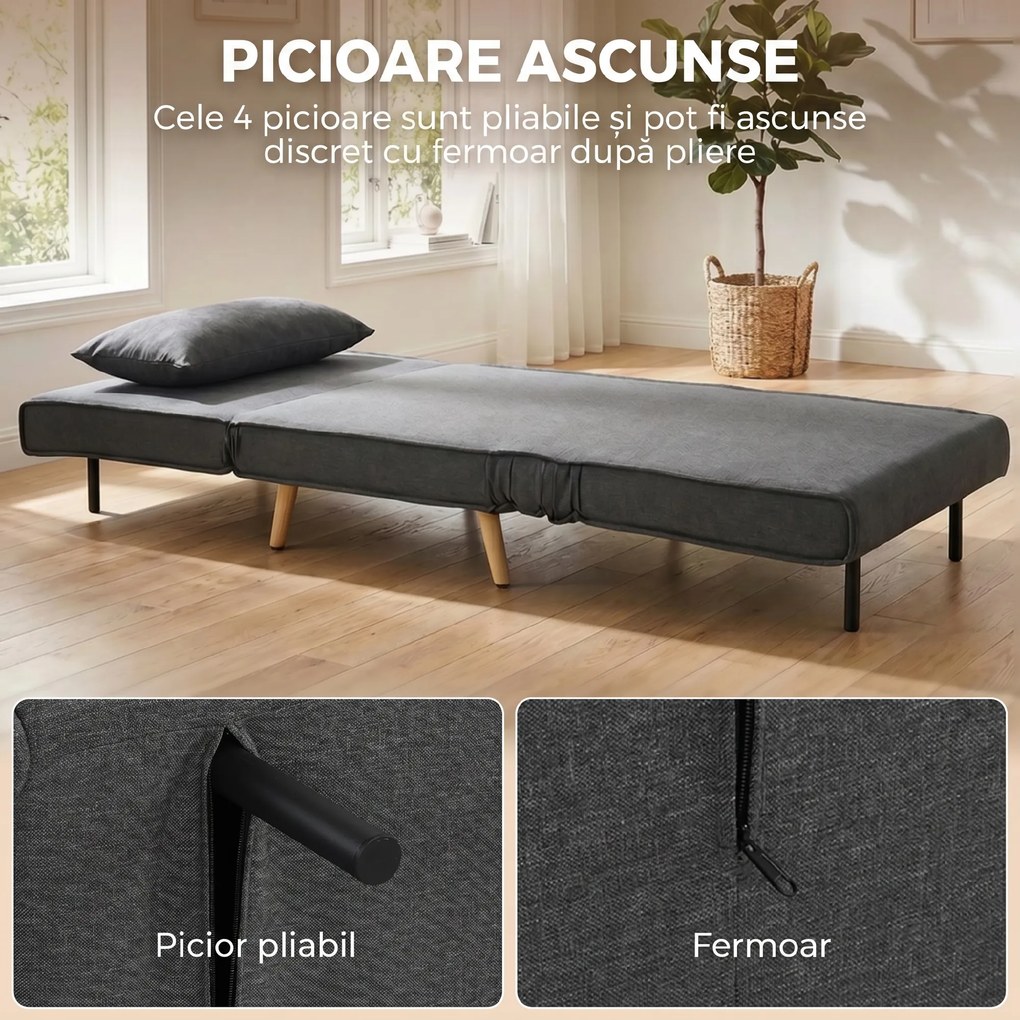HOMCOM Fotoliu Extensibil 3 în 1 cu Spătar Reglabil pe 3 Niveluri și Pernă, Material Textil cu Aspect de In, Gri | Aosom Romania