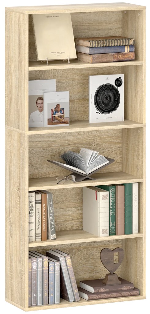 HOMCOM Bibliotecă raft de depozitare 5 nivele cu rafturi reglabile pentru living, dormitor, birou, 60x24x133,5 cm, natural | Aosom Romania